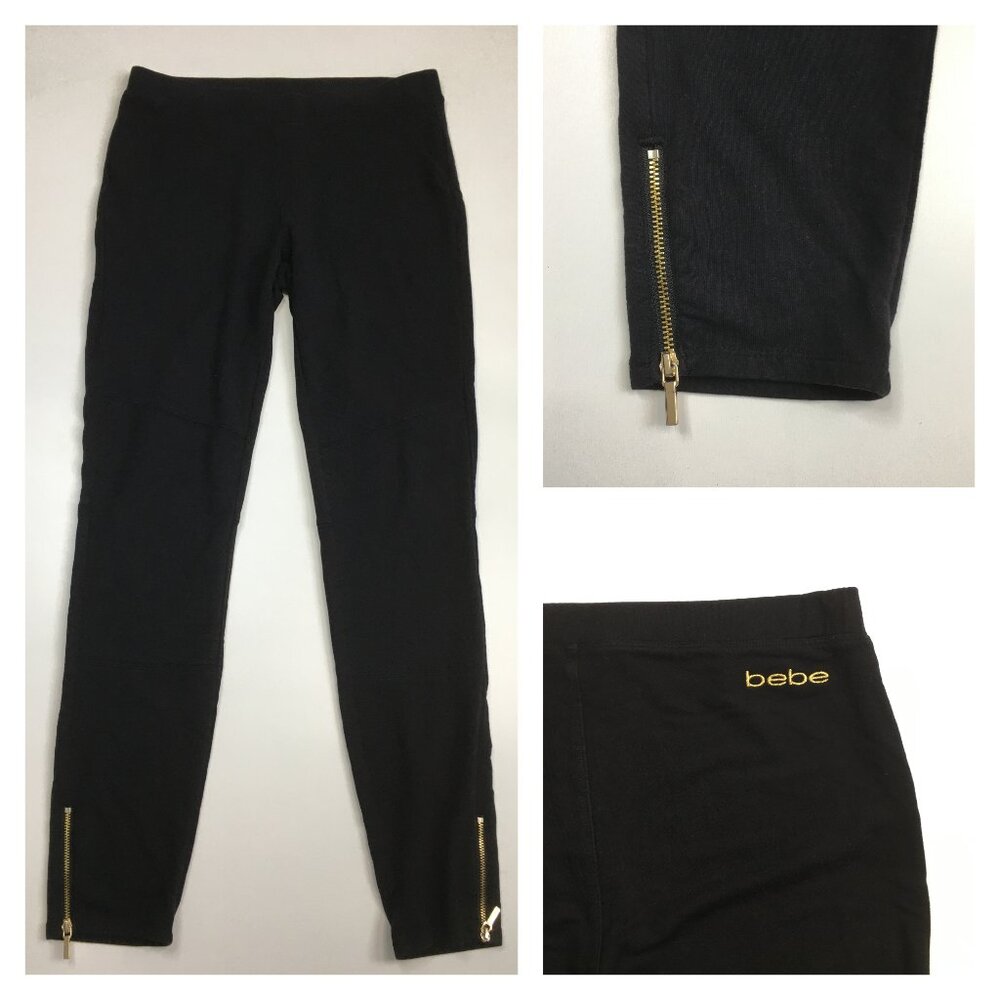 BEBE Black Gold Logo Back Moto Look Zip Ankle Skinny Leg Pull On Pant